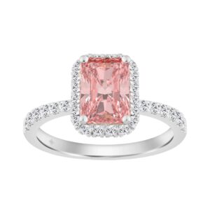 Luxury 14K White Gold Round & Radiant Pink Diamond Halo Engagement Ring 2.00CT with 1 1/2CT Radiant Cut Pink Center Stone (Color F-G -Clarity VS1/VS2)