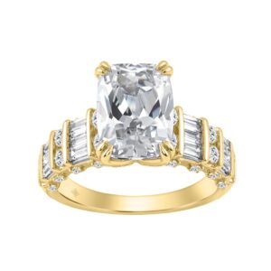 14K Yellow Gold Cushion Lab Grown Diamond Engagement Ring 5.00Ct With 4.00Ct Cushion Center Stone & Round/Baguette Side Stones (Color F-G Clarity Vs1/