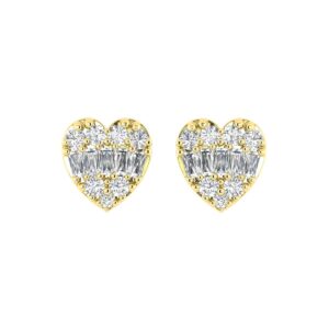 0.25CT Diamond Heart Shape Earrings In 10K Yellow Gold Round & Baguette Diamond Fashion Earrings For Women