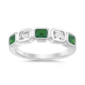 14K White Gold 1.00 CT Green Emerald & White Diamond Alternating Band Ring