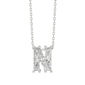 14K White Gold Diamond Initial “N” Pendant 1 1/2CT Fancy Cut Ladies Alphabet Charm with Chain