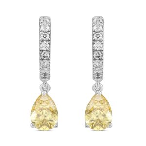 14K WHITE GOLD 2.00CT ROUND/YELLOW PEAR DIAMOND LADIES HOOP EARRINGS