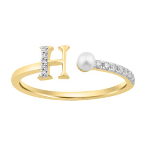 Women’S 10K Yellow Gold Letter “H” Diamond & Pearl Ring 0.10Ct Round Diamond Fine Jewelry