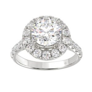 14K White Gold 2 1/2Ct Round Lab Grown Diamond Halo Engagement Ring 1 1/2Ct Round Center Stone (Color F-G Clarity Vs1/Vs2)