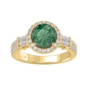 14K YELLOW GOLD 2 1/2CT ROUND/BAGUETTE DIAMOND LADIES RING (CENTER STONE GREEN EMERALD ROUND DIAMOND 2CT)