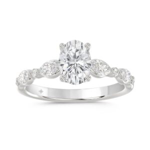 14K White Gold Oval Diamond Ring 1 1/2Ct With Round & Marquise Side Diamonds 1.00Ct Center Stone Oval Diamond For Women Fine Jewelry Gift For Her (Col