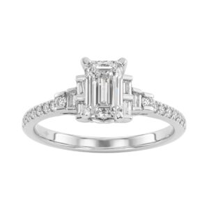 14K White Gold Lab Grown Emerald Cut Diamond Ladies Engagement Ring 1 1/4Ct With Round & Baguette Side Stones 1Ct Emerald Center Stone (Color F-G