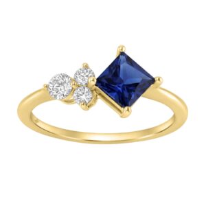 14K Yellow Gold Blue Sapphire & Round Diamond Ladies Ring 1 1/2Ct Princess Cut Kite-Set Square Sapphire Cluster Design With 3 Brilliant Diamonds (Colo