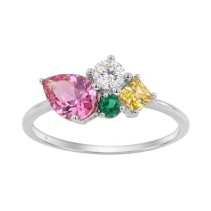 14K Yellow Gold Diamond & Multicolor Sapphire Cluster Fashion Ring For Women 1 1/5Ct Round, Yellow Princess & Pink Pear Diamonds With Emerald Round Di