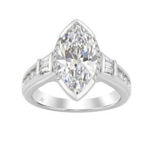 Elegant 14K White Gold Diamond Engagement Ring Featuring 3 1/2Ct Round, Marquise & Baguette Diamonds With Sparkling Side Stones. Perfect For Weddings,