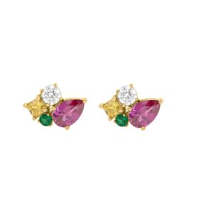 14K White Gold Diamond & Multicolor Sapphire Cluster Fashion Earrings For Women 1 3/8Ct Round, Yellow Princess & Pink Pear Diamonds With Emerald Round