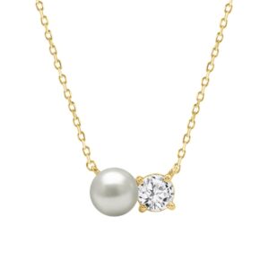 10K Yellow Gold Toi Et Moi Necklace With 1/4Ct Round Diamond & Pearl Elegant Two Stone Necklace For Her (Color F-G -Clarity Vs1/Vs2)