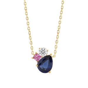 Luxury 14K Yellow Gold Pear Blue Sapphire & Princess Pink Sapphire Round Diamond Necklace 2 3/4Ct Gemstone Cut Fine Jewelry For Women (Color F-G -Clar