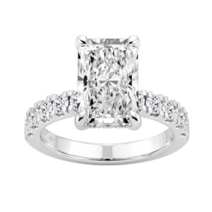 Elegant 14K White Gold Ladies Ring Featuring 5.00Ct Radiant And Round Diamonds Hidden Halo Design For Timeless Brilliance. 4.00Ct Radiant Center Stone