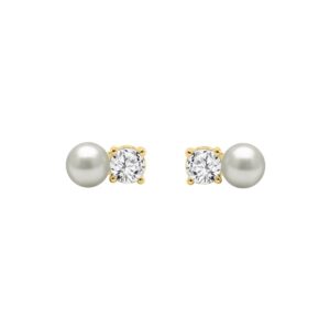LADIES FASHION EARRINGS 1/4CT ROUND DIAMOND & PEARL 10K YELLOW GOLD (COLOR F-G CLARITY VS1/VS2)