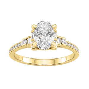 14K Yellow Gold Lab Grown Emerald Cut Diamond Ladies Engagement Ring 1 1/4Ct With Round & Baguette Side Stones 1Ct Oval Center Stone (Color F-G -C