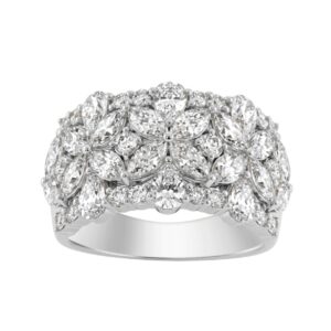 14K White Gold 3.00Ct Mixed Shape Diamond Cluster Ring Round, Marquise & Pear Floral Inspired Ladies Ring (Color F-G -Clarity Vs1/Vs2)