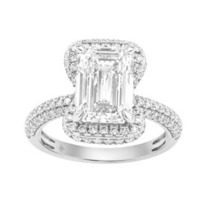 14K White Gold 4 1/2Ct Ladies Emerald Cut Hidden Halo Engagement Ring 4Ct Emerald Center Stone & Round Diamond (Color F-G -Clarity Vs1/Vs2)