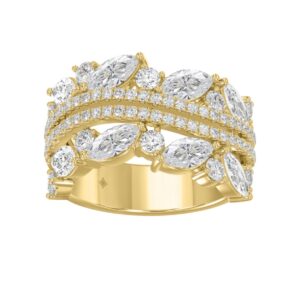 This is a diamond 14k cluster Ladies 2CT Ring featuring Marquise-shaped and round-cut diamonds in a leaf or floral motif set in Yellow gold (Color F-