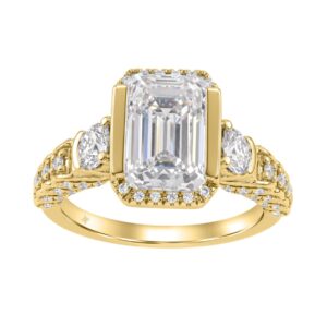 14K Yellow Gold 4.00 Ct Round & Emerald Cut Diamond Engagement Ring For Women With Side Round Diamond 3.00Ct Emerald Center Stone (Color F-G -Clar