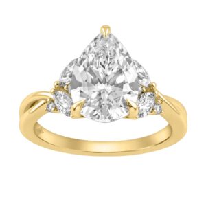 14K Yellow Gold 3 1/2Ct Lab-Grown Diamond Engagement Ring For Women 3Ct Pear Center With Marquise & Round Side Stones, Elegant Bridal Ring (Color F-G