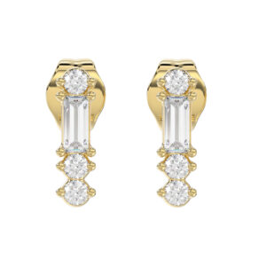 10K Yellow Gold 0.10Ct Diamond Earring Featuring Round And Baguette Accents. A Simple Yet Sophisticated Ladies Fine Jewelry
