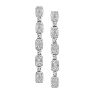 LADIES LINEAR EARRINGS 1.00CT ROUND/BAGUETTE DIAMOND 14K WHITE GOLD