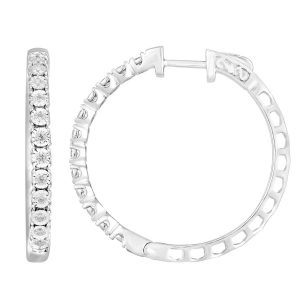 LADIES HOOPS EARRINGS 0.50CT ROUND DIAMOND 14K WHITE GOLD