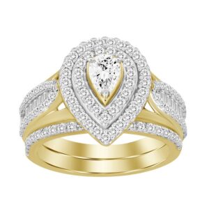 LADIES BRIDAL SET 1.00CT ROUND/BAGUETTE DIAMOND 14K YELLOW GOLD (CENTER STONE 0.20 CT PEAR DIAMOND)