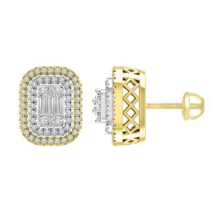 LADIES EARRINGS 1.00CT ROUND/BAGUETTE DIAMOND 10K YELLOW GOLD