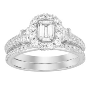 LADIES RING 0.55CT ROUND/BAGUETTE/EMERALD DIAMOND 14K WHITE GOLD (CENTER STONE 0.30 CT EMERALD DIAMOND)