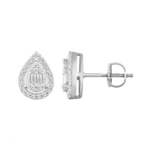 LADIES EARRINGS 0.33CT ROUND/BAGUETTE DIAMOND 14K WHITE GOLD
