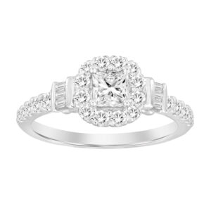 LADIES RING 0.55CT ROUND/BAGUETTE DIAMOND 14K WHITE GOLD (CENTER STONE 0.30 CT PRINCESS DIAMOND)