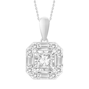LADIES PENDANT WITH CHAIN 0.20CT BAGUETTE/ROUND/PRINCESS DIAMOND 10K WHITE GOLD