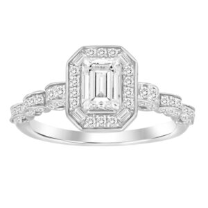 LADIES RING 1.00CT EMERALD/ROUND/BAGUETTE DIAMOND 14K WHITE GOLD