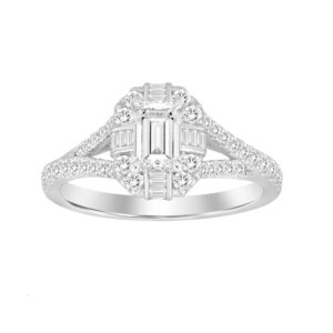LADIES RING 0.50CT EMERALD/ROUND/BAGUETTE DIAMOND 14K WHITE GOLD (CENTER STONE 0.50 CT EMERALD DIAMOND)