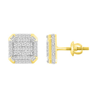 LADIES EARRINGS 1CT ROUND/BAGUETTE DIAMOND 10K YELLOW GOLD