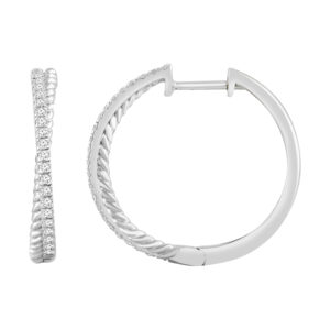 LADIES HOOPS EARRINGS 0.25CT ROUND DIAMOND 10K WHITE GOLD