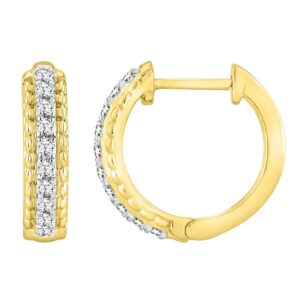 LADIES HOOPS EARRINGS 0.25CT ROUND DIAMOND 10K YELLOW GOLD