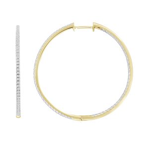 LADIES HOOPS EARRINGS 1.00CT ROUND DIAMOND 10K YELLOW GOLD