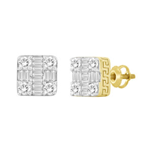 LADIES EARRINGS 1.00CT ROUND/BAGUETTE DIAMOND 10K YELLOW GOLD