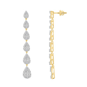 LADIES EARRINGS 1.10CT ROUND/BAGUETTE DIAMOND 14K YELLOW GOLD