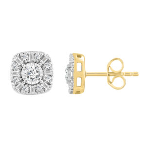 LADIES EARRINGS 0.50CT ROUND/BAGUETTE DIAMOND 10K YELLOW GOLD(SI QUALITY)