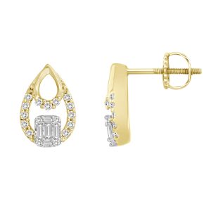 LADIES  EARRINGS 0.25CT ROUND/BAGUETTE DIAMOND 10K YELLOW GOLD