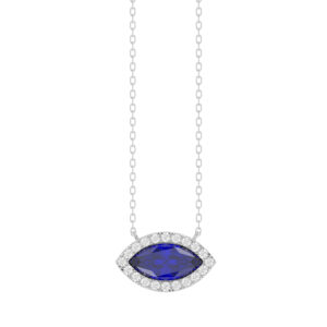 LADIES NECKLACE 0.85CT ROUND/BLUE SAPPHIRE MARQUISE DIAMOND 14K WHITE GOLD
