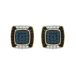 LADIES EARRINGS 0.50CT ROUND/ROUND BLACK/ROUND BLUE DIAMOND 10K YELLOW GOLD