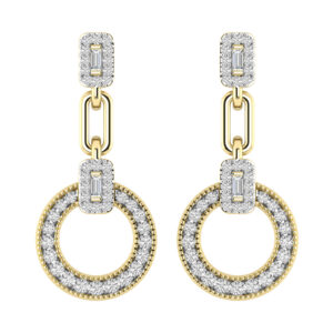 LADIES EARRINGS 0.50CT ROUND/BAGUETTE DIAMOND 14K YELLOW GOLD