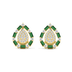 LADIES EARRINGS 0.88CT ROUND/BAGUETTE DIAMOND 14K YELLOW GOLD (GREEN EMERALD BAGUETTE DIAMOND 0.62CT)