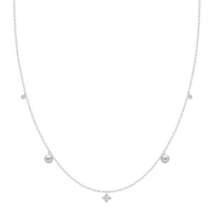 Fashion Pearl & Diamond Necklace For Women – 0.10Ct Round Diamond White Gold , Dangling Pearls