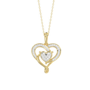 10K YELLOW GOLD DOUBLE HEART DIAMOND PENDANT FOR LADIES 0.15CT ROUND DIAMOND PENDANT WITH CHAIN